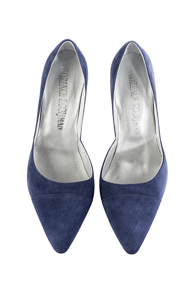 Women's prussian blue elegant open arch pumps. Tapered toe. High spool heels - Top view